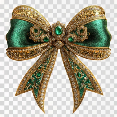 A vivid detailed illustration of an of a luxurious intricate over the top bow, chinese new year theme. The design is featuring sparkling diamonds and intricate patterns. The colors are emerald green and gold an isolated white background