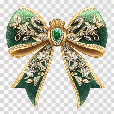 A vivid detailed illustration of an of a luxurious intricate over the top bow, chinese new year theme. The design is featuring sparkling diamonds and intricate patterns. The colors are emerald green and gold an isolated white background