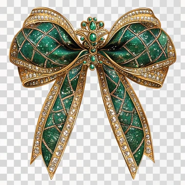A vivid detailed illustration of an of a luxurious intricate over the top bow, chinese new year theme. The design is featuring sparkling diamonds and intricate patterns. The colors are emerald green and gold an isolated white background
