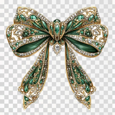 A vivid detailed illustration of an of a luxurious intricate over the top bow, chinese new year theme. The design is featuring sparkling diamonds and intricate patterns. The colors are emerald green and gold an isolated white background