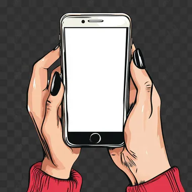 ((Art)) A smartphone is on a white background in the center of the image. The smartphone is held by female with fair skin hands and with a long black manicure. Messages are open on the phone ((Cartoon image style, art, artistic picture)