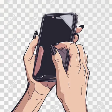 ((Art)) A smartphone is on a white background in the center of the image. The smartphone is held by female with fair skin hands and with a long black manicure. Messages are open on the phone ((Cartoon image style, art, artistic picture)