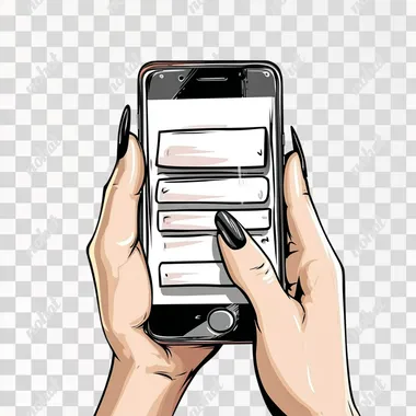 ((Art)) A smartphone is on a white background in the center of the image. The smartphone is held by female with fair skin hands and with a long black manicure. Messages are open on the phone ((Cartoon image style, art, artistic picture)