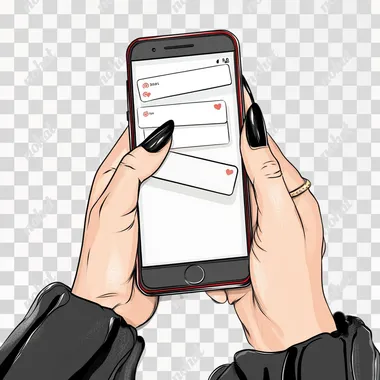((Art)) A smartphone is on a white background in the center of the image. The smartphone is held by female with fair skin hands and with a long black manicure. Messages are open on the phone ((Cartoon image style, art, artistic picture)