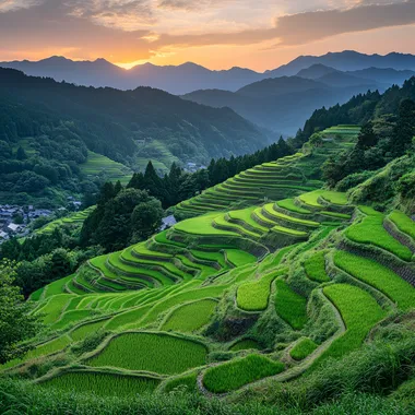 Panoramic view of Japanese rice paddies, terraced hills, vibrant green foliage, and a golden sunset, lush green rice terraces stretching across the landscape, numerous tiers of paddies creating a detailed pattern, soft light from golden hour sunset paints the mountains, the colors of the sky range from soft pastel shades of orange, pink, and a soft blue, misty mountain backdrop, details of the mountain contours and valleys, lush green forests on the hillsides. peaceful and tranquil atmosphere, aerial perspective, detailed textures of the paddies and grass, soft light, dramatic lighting highlighting the terraced landscape, photorealistic, serene, natural light, Japan, Asia, mountain landscape, terraced agriculture, ultra realism, HDR, 8K shooting, sharp resolution, Photorealistic, Camera = Sony A7R IV