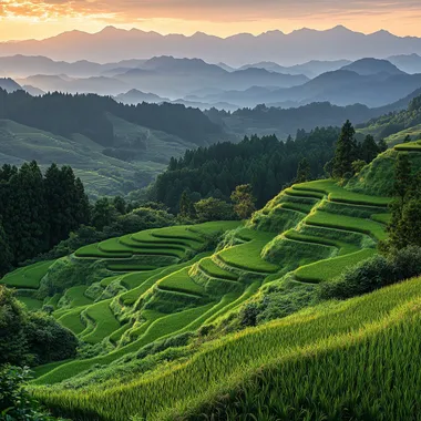 Panoramic view of Japanese rice paddies, terraced hills, vibrant green foliage, and a golden sunset, lush green rice terraces stretching across the landscape, numerous tiers of paddies creating a detailed pattern, soft light from golden hour sunset paints the mountains, the colors of the sky range from soft pastel shades of orange, pink, and a soft blue, misty mountain backdrop, details of the mountain contours and valleys, lush green forests on the hillsides. peaceful and tranquil atmosphere, aerial perspective, detailed textures of the paddies and grass, soft light, dramatic lighting highlighting the terraced landscape, photorealistic, serene, natural light, Japan, Asia, mountain landscape, terraced agriculture, ultra realism, HDR, 8K shooting, sharp resolution, Photorealistic, Camera = Sony A7R IV