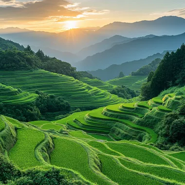 Panoramic view of Japanese rice paddies, terraced hills, vibrant green foliage, and a golden sunset, lush green rice terraces stretching across the landscape, numerous tiers of paddies creating a detailed pattern, soft light from golden hour sunset paints the mountains, the colors of the sky range from soft pastel shades of orange, pink, and a soft blue, misty mountain backdrop, details of the mountain contours and valleys, lush green forests on the hillsides. peaceful and tranquil atmosphere, aerial perspective, detailed textures of the paddies and grass, soft light, dramatic lighting highlighting the terraced landscape, photorealistic, serene, natural light, Japan, Asia, mountain landscape, terraced agriculture, ultra realism, HDR, 8K shooting, sharp resolution, Photorealistic, Camera = Sony A7R IV