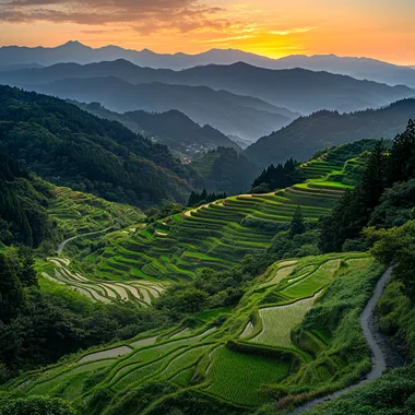 Panoramic view of Japanese rice paddies, terraced hills, vibrant green foliage, and a golden sunset, lush green rice terraces stretching across the landscape, numerous tiers of paddies creating a detailed pattern, soft light from golden hour sunset paints the mountains, the colors of the sky range from soft pastel shades of orange, pink, and a soft blue, misty mountain backdrop, details of the mountain contours and valleys, lush green forests on the hillsides. peaceful and tranquil atmosphere, aerial perspective, detailed textures of the paddies and grass, soft light, dramatic lighting highlighting the terraced landscape, photorealistic, serene, natural light, Japan, Asia, mountain landscape, terraced agriculture, ultra realism, HDR, 8K shooting, sharp resolution, Photorealistic, Camera = Sony A7R IV