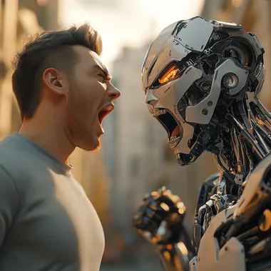 A man shouting at a robot, intense, aggressive, photorealistic, octane render, 8k
