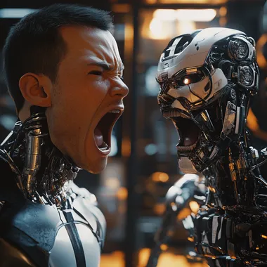A man shouting at a robot, intense, aggressive, photorealistic, octane render, 8k