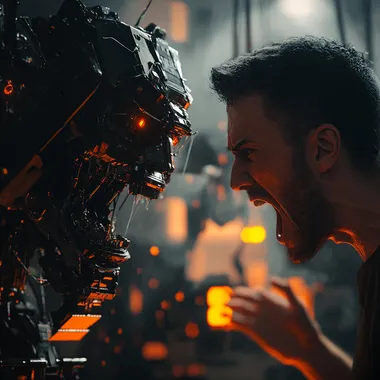 A man shouting at a robot, intense, aggressive, photorealistic, octane render, 8k