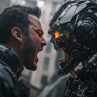 A man shouting at a robot, intense, aggressive, photorealistic, octane render, 8k