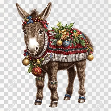 A Christmas sweater-clad donkey, adorned with ornaments and decorations, stands against a white background in this detailed illustration in the style of Thomas Kinkade.