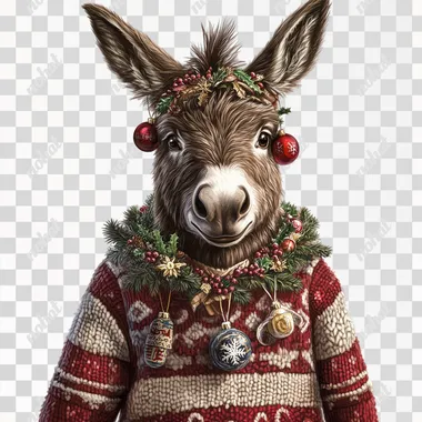 A Christmas sweater-clad donkey, adorned with ornaments and decorations, stands against a white background in this detailed illustration in the style of Thomas Kinkade.