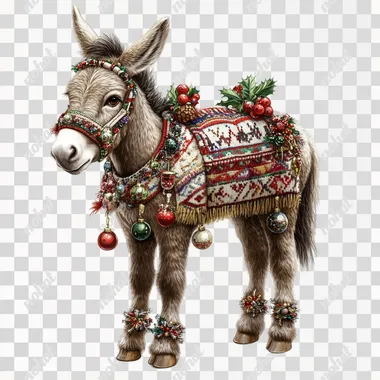 A Christmas sweater-clad donkey, adorned with ornaments and decorations, stands against a white background in this detailed illustration in the style of Thomas Kinkade.