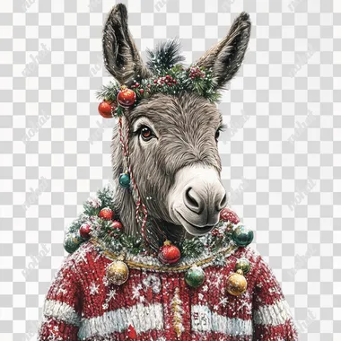 A Christmas sweater-clad donkey, adorned with ornaments and decorations, stands against a white background in this detailed illustration in the style of Thomas Kinkade.