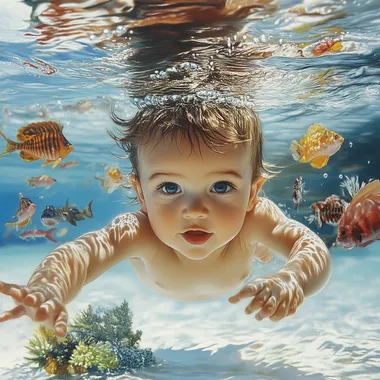 little baby boy in swimming pool under water super realistic