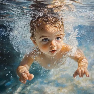 little baby boy in swimming pool under water super realistic