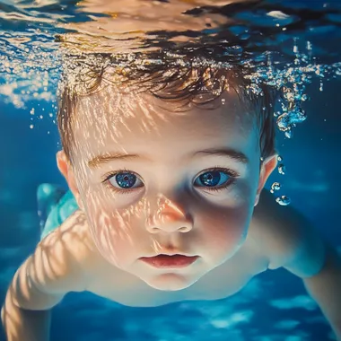 little baby boy in swimming pool under water super realistic