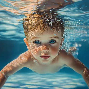 little baby boy in swimming pool under water super realistic