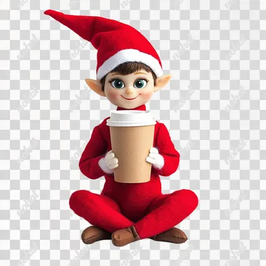 elf on the shelf, sitting, holding a paper coffee cup with lid, white background