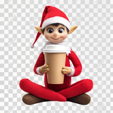 elf on the shelf, sitting, holding a paper coffee cup with lid, white background