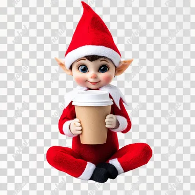elf on the shelf, sitting, holding a paper coffee cup with lid, white background
