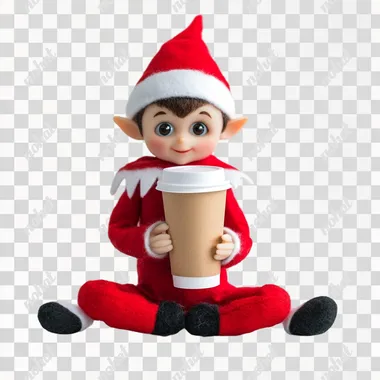 elf on the shelf, sitting, holding a paper coffee cup with lid, white background