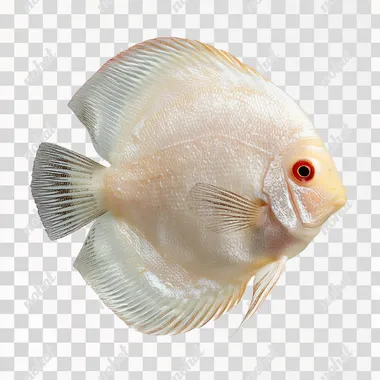 A white discus fish is isolated on a white background. The fish is seen in profile, showing its round body shape and long ventral fins. The fins have a dark edge. The eye is visible. The tail is dark and striped. The fish is smooth.ultra-HD details