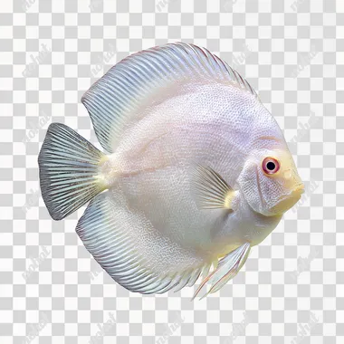 A white discus fish is isolated on a white background. The fish is seen in profile, showing its round body shape and long ventral fins. The fins have a dark edge. The eye is visible. The tail is dark and striped. The fish is smooth.ultra-HD details