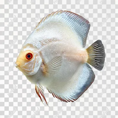 A white discus fish is isolated on a white background. The fish is seen in profile, showing its round body shape and long ventral fins. The fins have a dark edge. The eye is visible. The tail is dark and striped. The fish is smooth.ultra-HD details