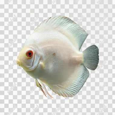 A white discus fish is isolated on a white background. The fish is seen in profile, showing its round body shape and long ventral fins. The fins have a dark edge. The eye is visible. The tail is dark and striped. The fish is smooth.ultra-HD details