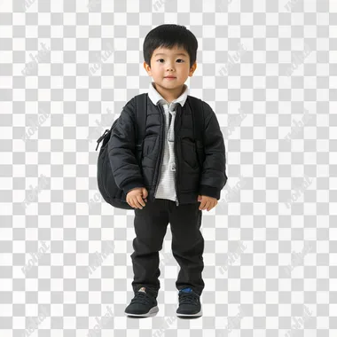 6-year-old boy carrying a school bag, Japanese, white background, front view