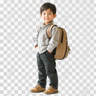 6-year-old boy carrying a school bag, Japanese, white background, front view