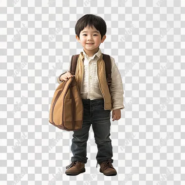 6-year-old boy carrying a school bag, Japanese, white background, front view