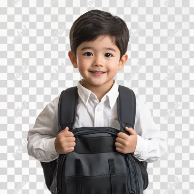 6-year-old boy carrying a school bag, Japanese, white background, front view