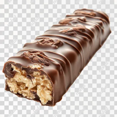 One splintered candy bar is filled with cocos. Height to width ratio is 3:4. Very smooth and very low waves of chocolate on the top. The candy bar is coated with chocolate. It is on a white background. You can focus on detail. It looks tasty. Sharp focus on whole image--low-contrast light.