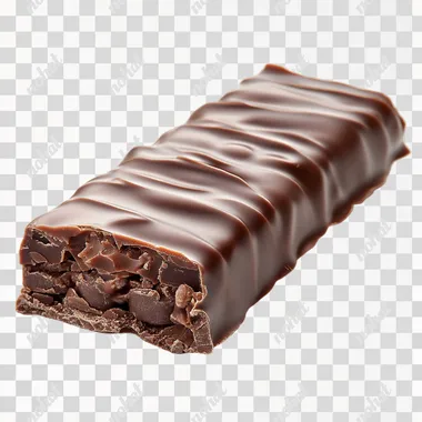 One splintered candy bar is filled with cocos. Height to width ratio is 3:4. Very smooth and very low waves of chocolate on the top. The candy bar is coated with chocolate. It is on a white background. You can focus on detail. It looks tasty. Sharp focus on whole image--low-contrast light.