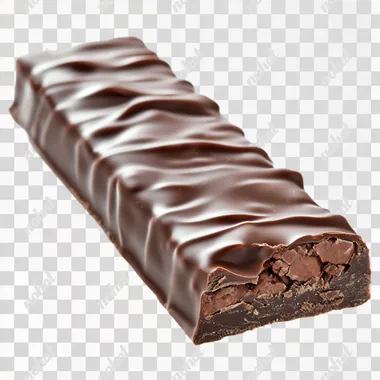 One splintered candy bar is filled with cocos. Height to width ratio is 3:4. Very smooth and very low waves of chocolate on the top. The candy bar is coated with chocolate. It is on a white background. You can focus on detail. It looks tasty. Sharp focus on whole image--low-contrast light.