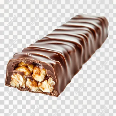 One splintered candy bar is filled with cocos. Height to width ratio is 3:4. Very smooth and very low waves of chocolate on the top. The candy bar is coated with chocolate. It is on a white background. You can focus on detail. It looks tasty. Sharp focus on whole image--low-contrast light.