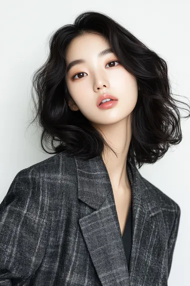 Korean model with healthy hair texture, shiny and glossy hair, intellectual style, medium-length hair, styled with real photo curls, half-body shot, white background.    proportions, cloned face, disfigurement, severe proportions, limb deformities, missing arms, missing legs, excess arms, excess legs.