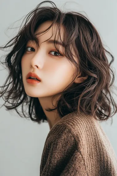 Korean model with healthy hair texture, shiny and glossy hair, intellectual style, medium-length hair, styled with real photo curls, half-body shot, white background.    proportions, cloned face, disfigurement, severe proportions, limb deformities, missing arms, missing legs, excess arms, excess legs.