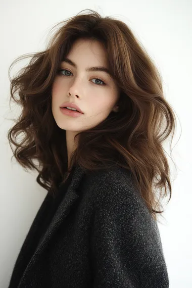 Korean model with healthy hair texture, shiny and glossy hair, intellectual style, medium-length hair, styled with real photo curls, half-body shot, white background.    proportions, cloned face, disfigurement, severe proportions, limb deformities, missing arms, missing legs, excess arms, excess legs.