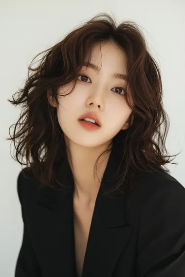 Korean model with healthy hair texture, shiny and glossy hair, intellectual style, medium-length hair, styled with real photo curls, half-body shot, white background.    proportions, cloned face, disfigurement, severe proportions, limb deformities, missing arms, missing legs, excess arms, excess legs.