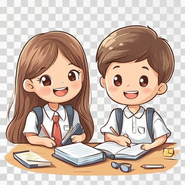 a cartoon style of cute girl and boy, in elemantary school, studying, smile, cute  --s 250