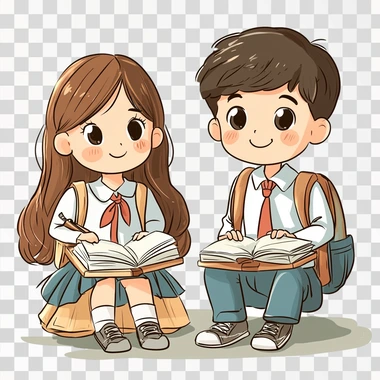 a cartoon style of cute girl and boy, in elemantary school, studying, smile, cute  --s 250