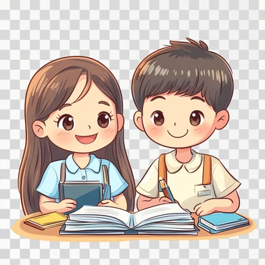 a cartoon style of cute girl and boy, in elemantary school, studying, smile, cute  --s 250