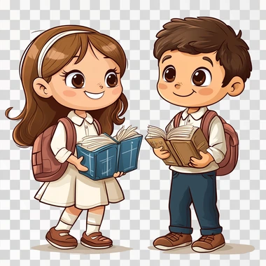 a cartoon style of cute girl and boy, in elemantary school, studying, smile, cute  --s 250