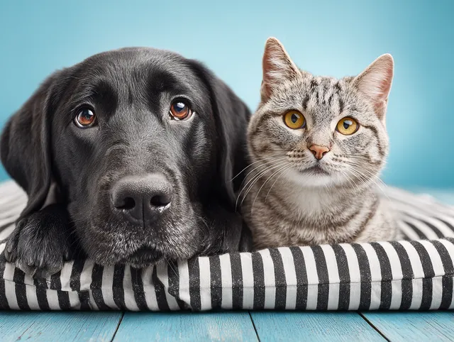 Adorable Cat and Dog Portrait on Striped Border
