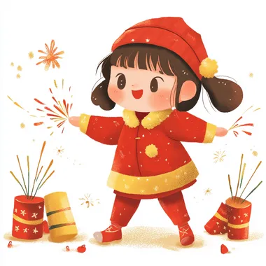 Create a cute and festive New Year's atmosphere illustration for a kindergarten. The character should be wearing traditional red festive clothing, similar to the reference image, and performing an action of lighting firecrackers. Remove any firework elements from the image. The character should be joyful and playful, with the head area left blank for customization. The background must be entirely white, with a cartoonish and adorable art style, suitable for young children. Emphasize bright colors, simple lines, and the cheerful atmosphere of celebrating New Year's with firecrackers.